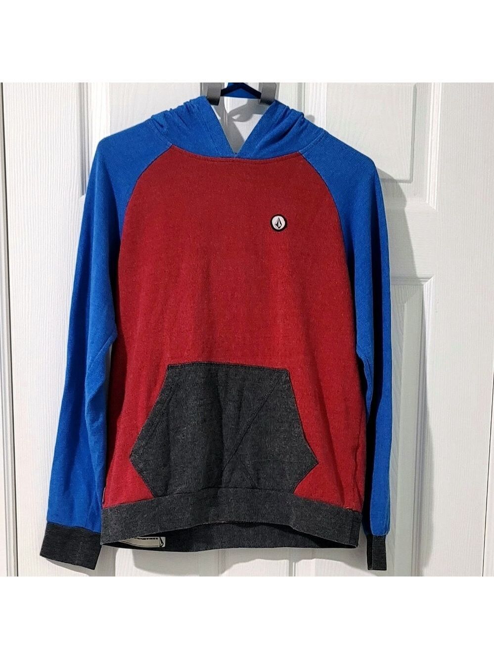 Volcom Women's Red & Blue Colorblock Pull-Over Hoodie Sweatshirt Size L